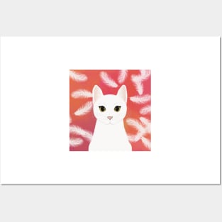 The cute white cat queen is watching you , white feathers on the colorful  background Posters and Art